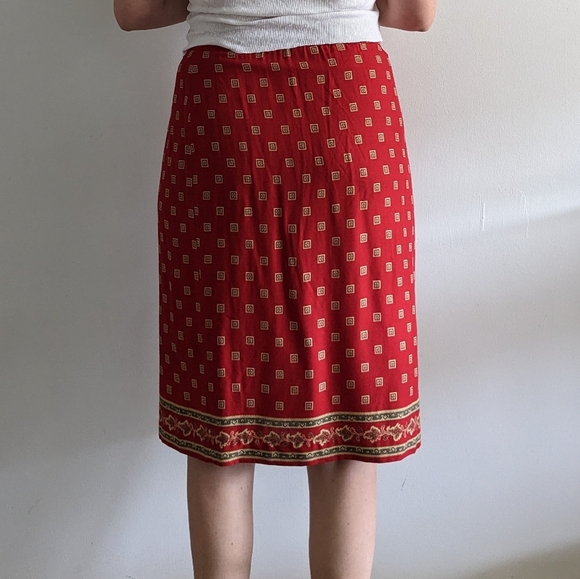 Red Paisley Midi Faux Wrap Skirt - 90's Summer Grunge Romance - High-Waisted - Picture 4 of 6